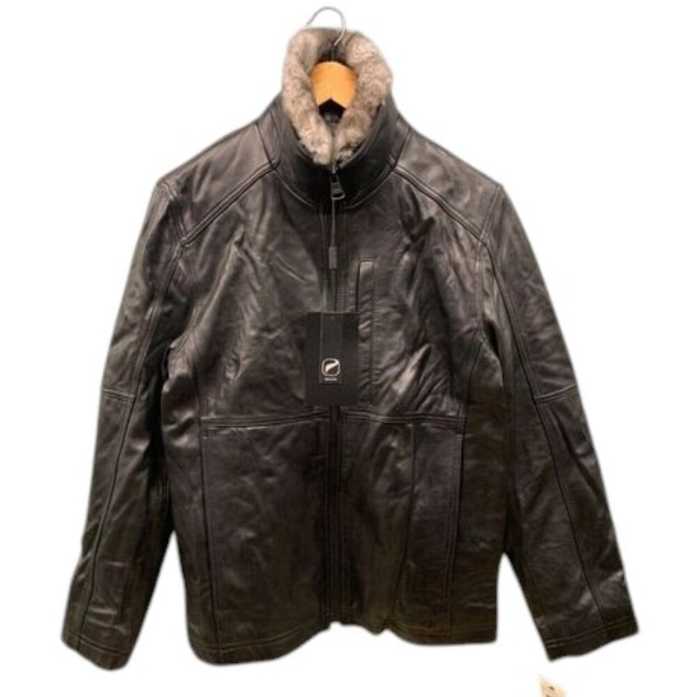 Marc New York Leather Jacket Mens Size S Black Zip Up Rabbit Fur Collar Trim NWT